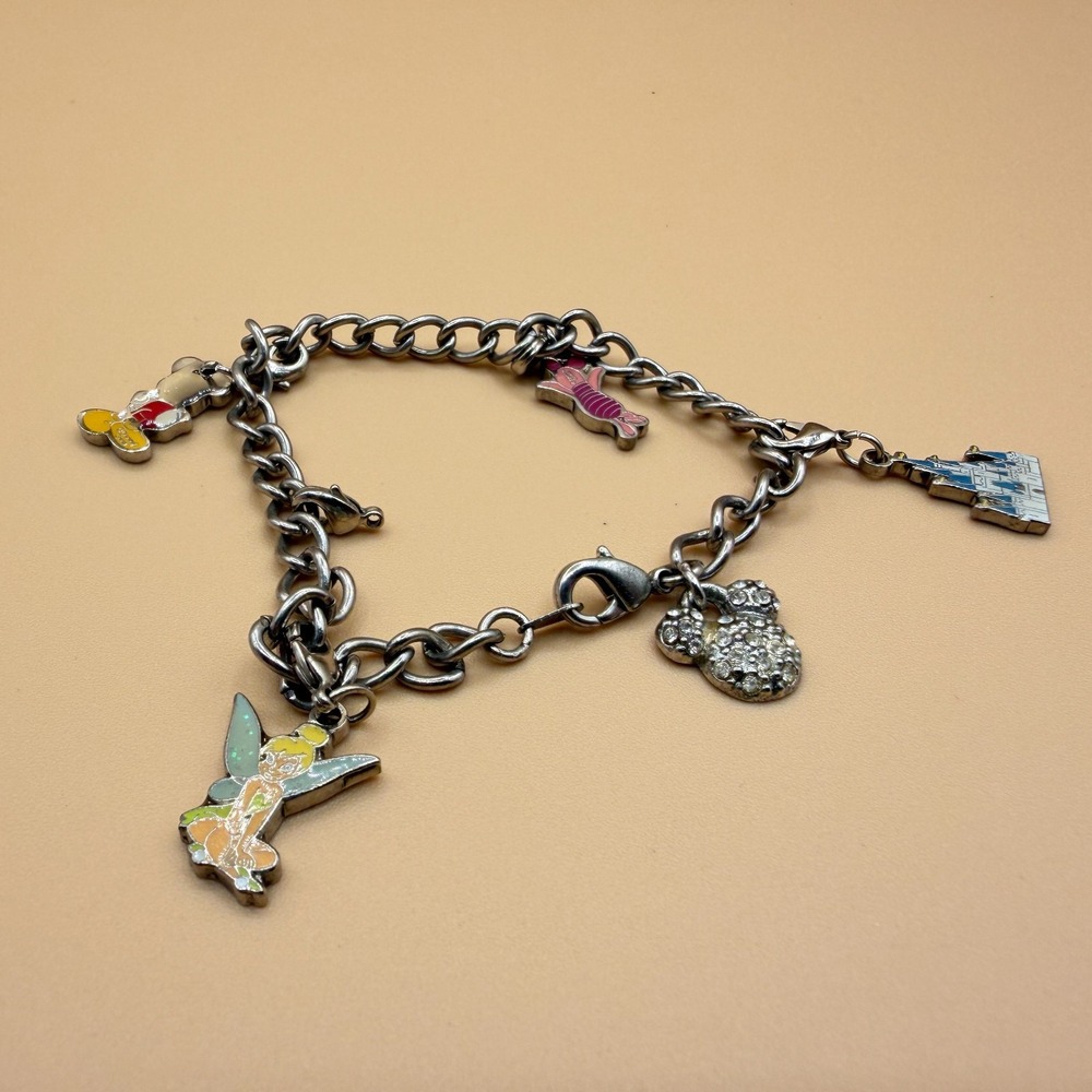 Disney Mickey Tinker Bell Piglet Castle Charm Bracelet Silver Tone Y2K Gift